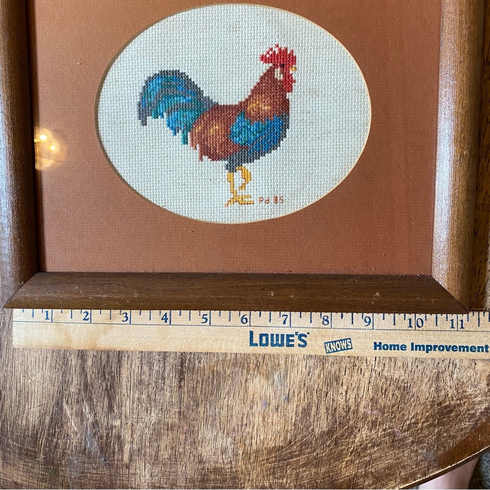 2 Vintage Handmade Cross Stitch Rooster & Chicken Wood Frame Cottagecore 11”x9” - Picture 9 of 10